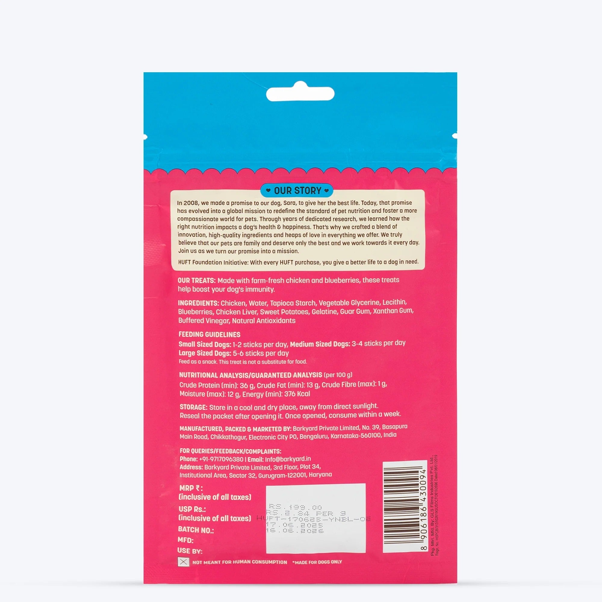 HUFT Yum Nums Dog Treats Soft & Chewy Sticks Blueberry With Real Chicken - 70 gm