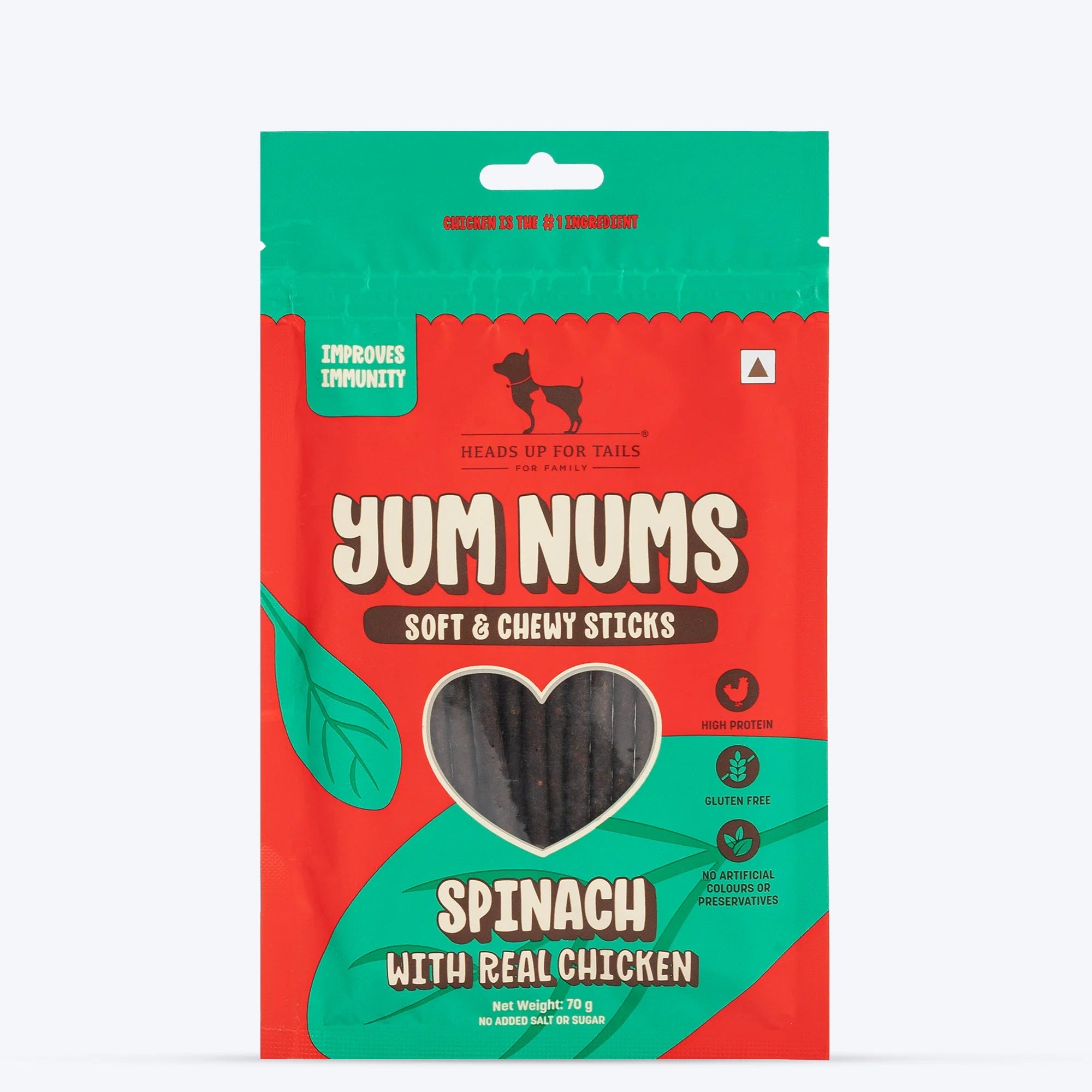 HUFT Yum Nums Dog Treats Soft & Chewy Sticks Spinach With Real Chicken - 70 gm