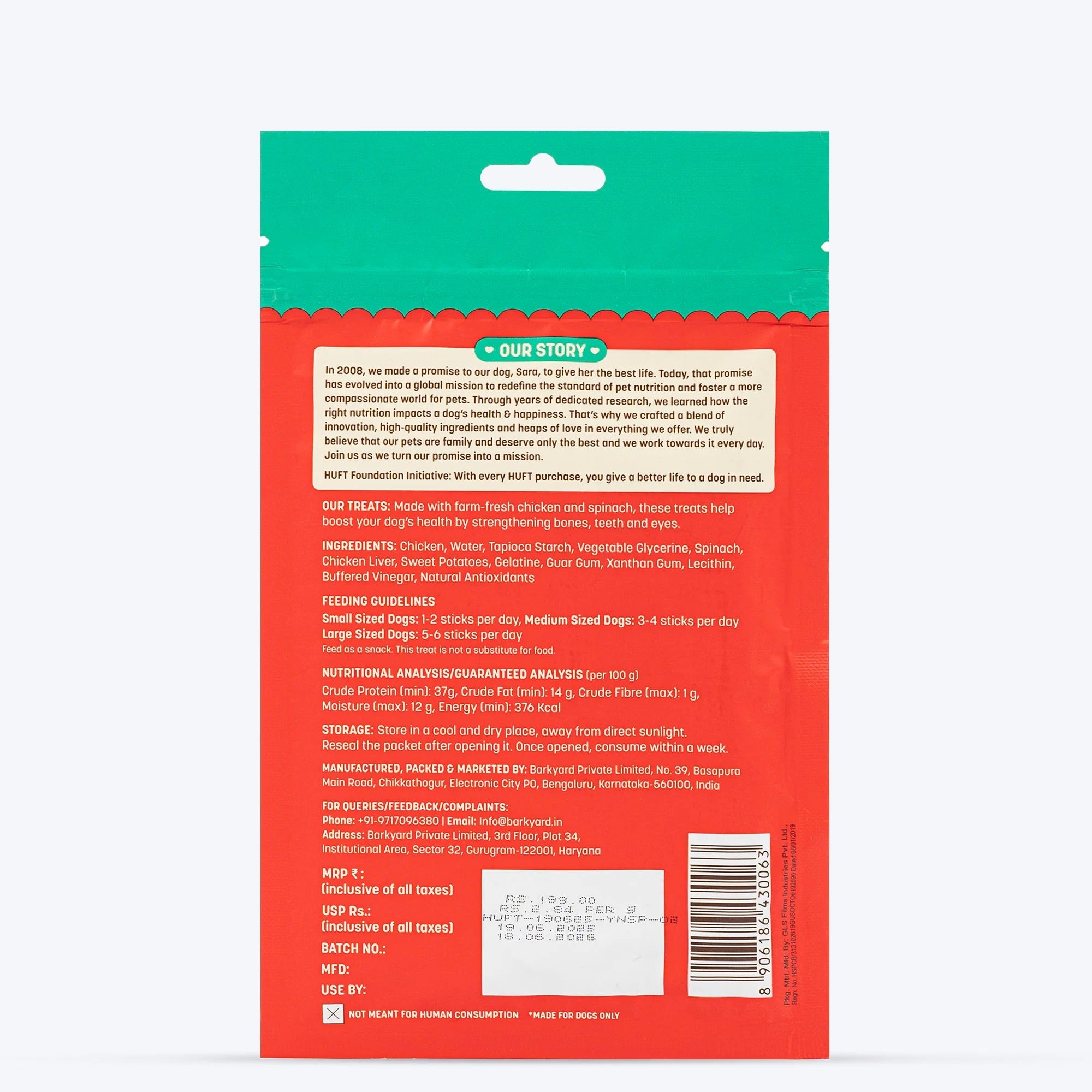 HUFT Yum Nums Dog Treats Soft & Chewy Sticks Spinach With Real Chicken - 70 gm