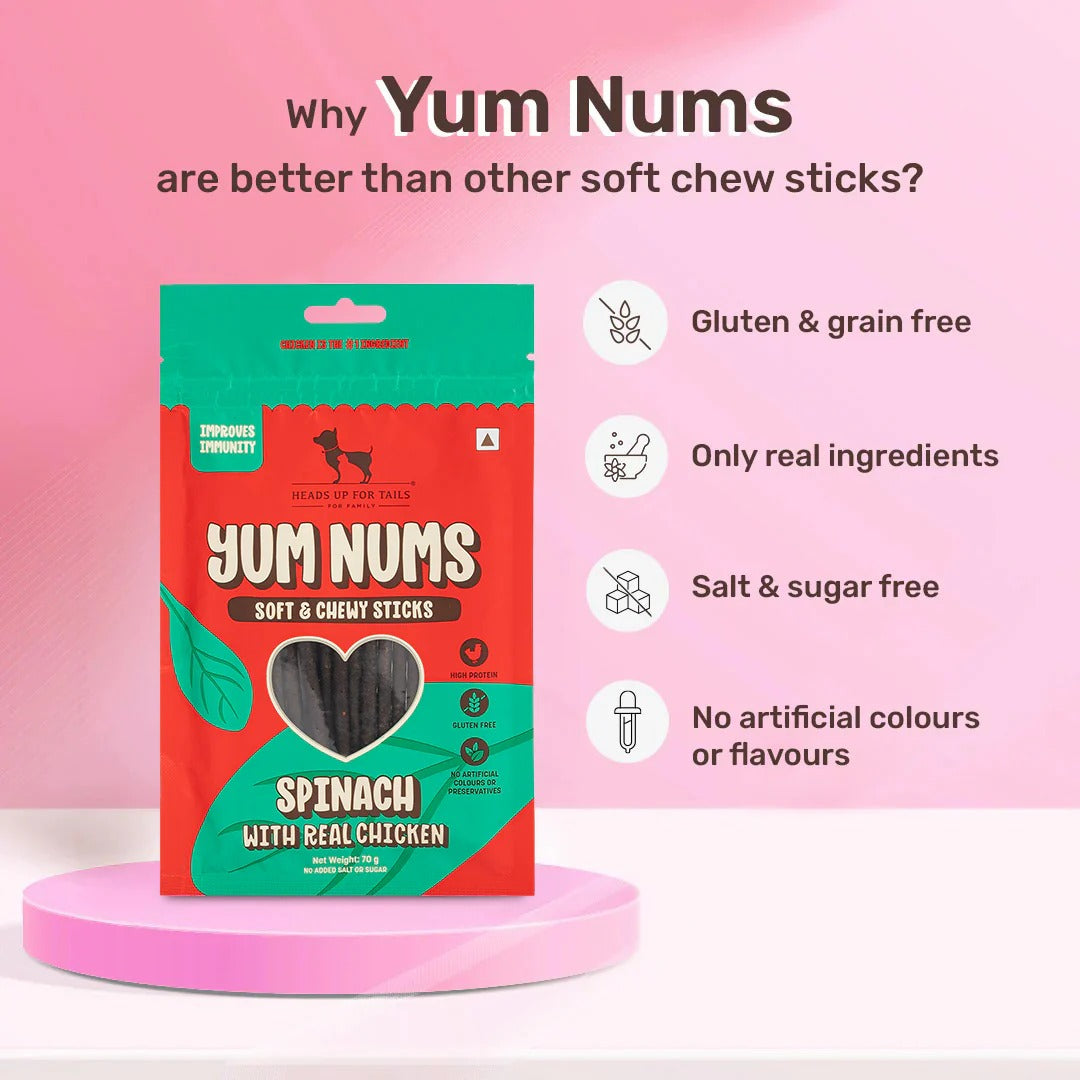 HUFT Yum Nums Dog Treats Soft & Chewy Sticks Spinach With Real Chicken - 70 gm