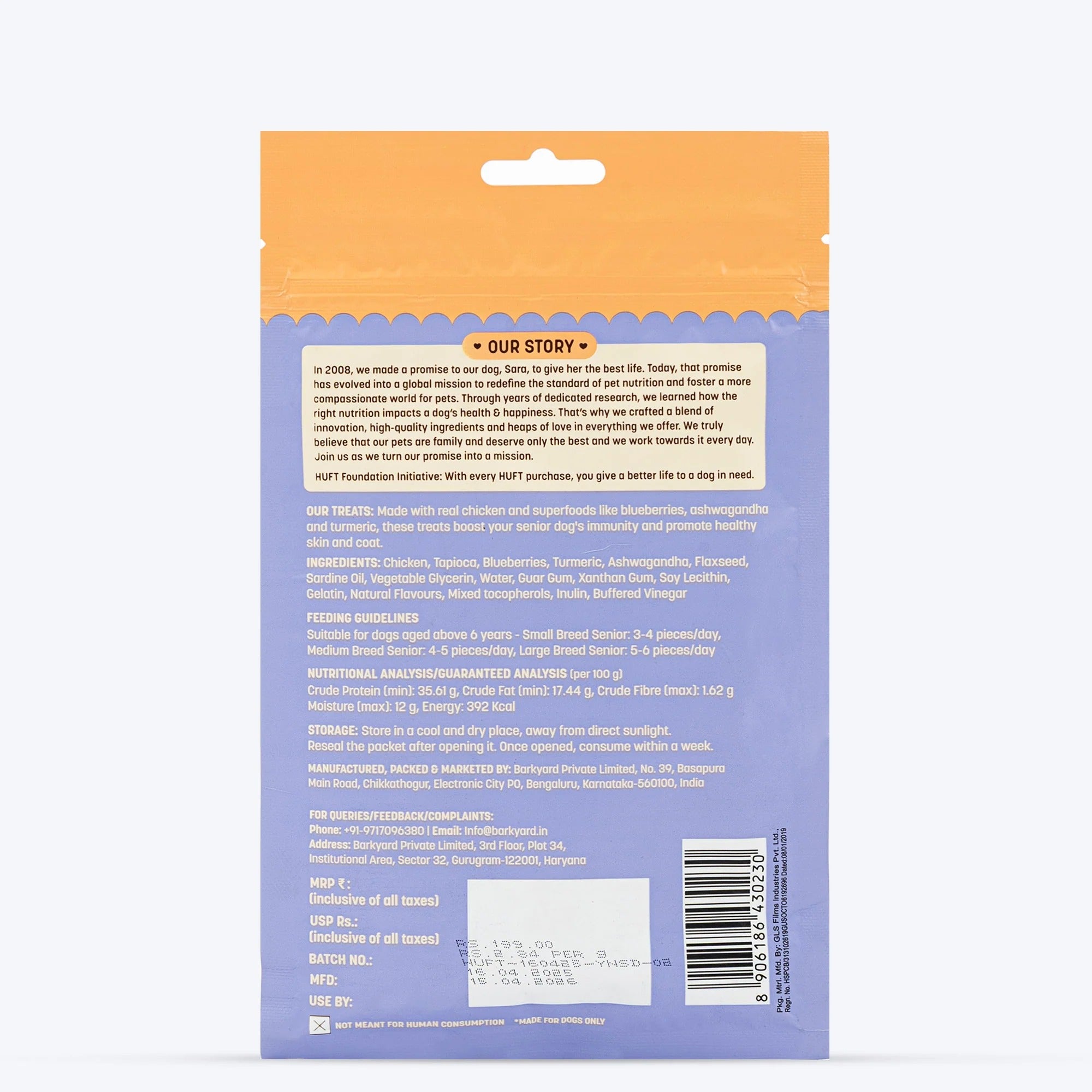 HUFT Yum Nums Senior Dog Treats Soft & Chewy Sticks Blueberries & Ashwagandha With Chicken - 70 gm