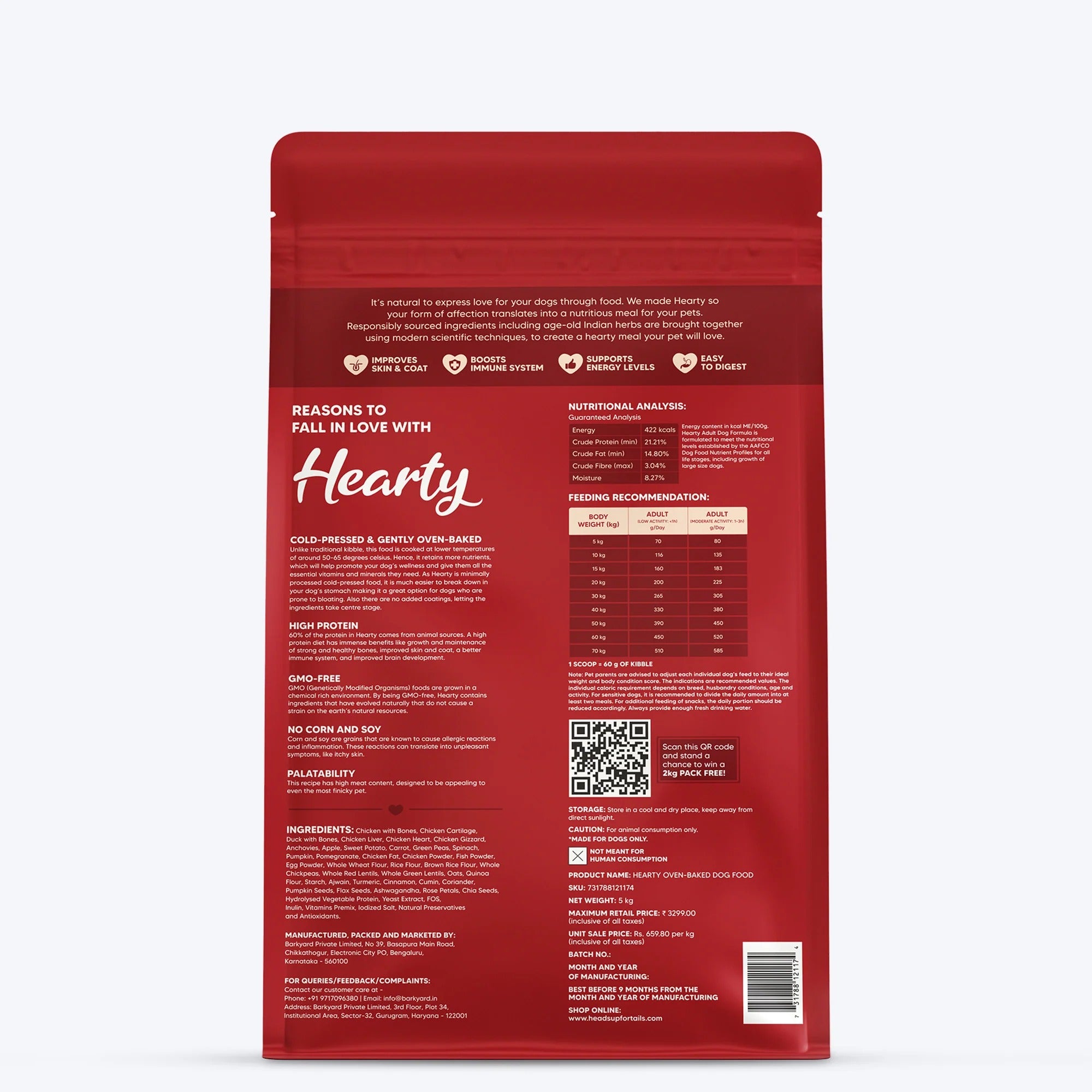 Hearty Oven-Baked Dry Food For Adult Dogs With Chicken, Duck & Brown Rice  - All Breed 2Kilograms