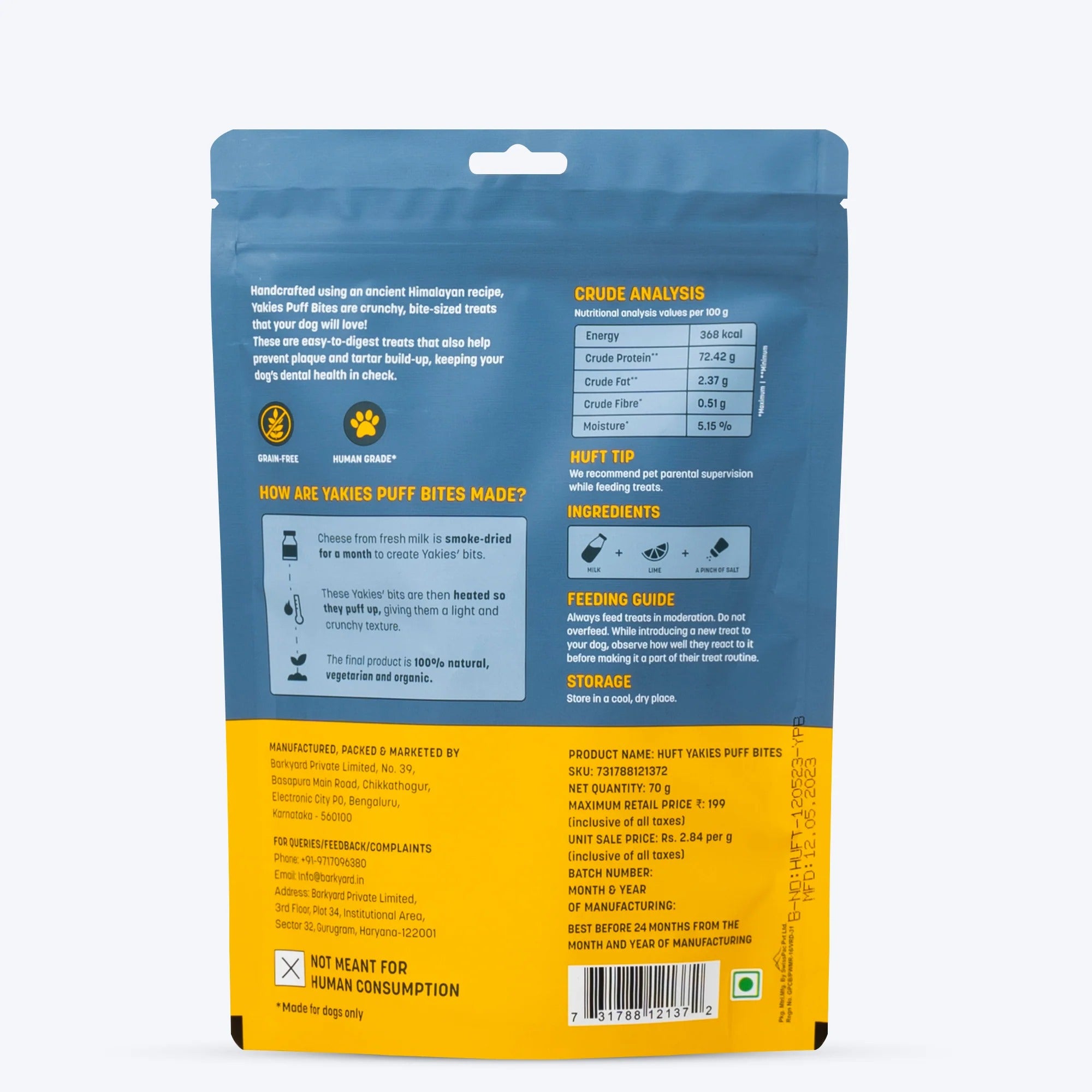 HUFT Yakies Puff Bites 100% Natural Gluten Free Dog Treats - 70 gm