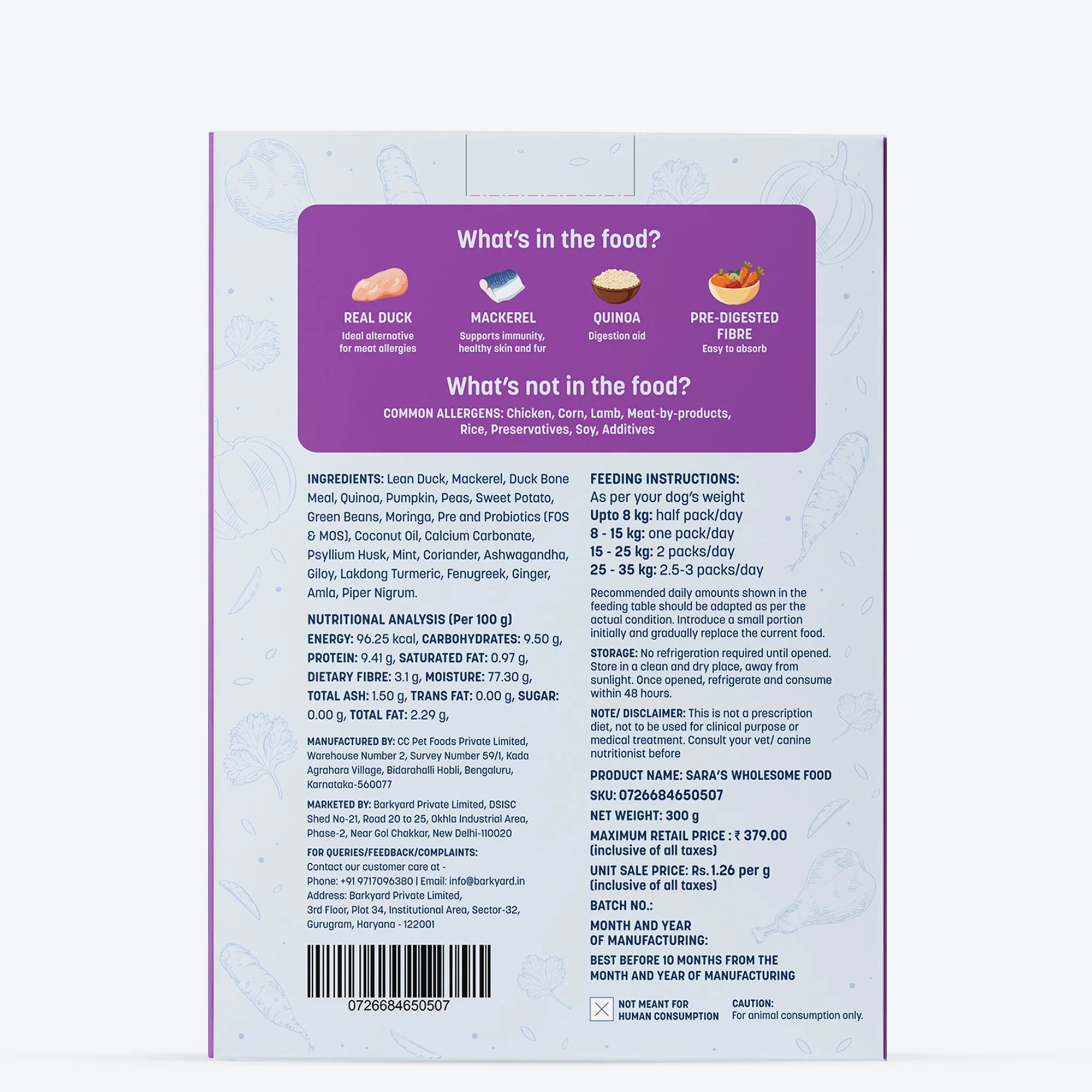 HUFT Sara's Wholesome Hypoallergenic Diet Duck & Quinoa Dog Wet Food - 300 g