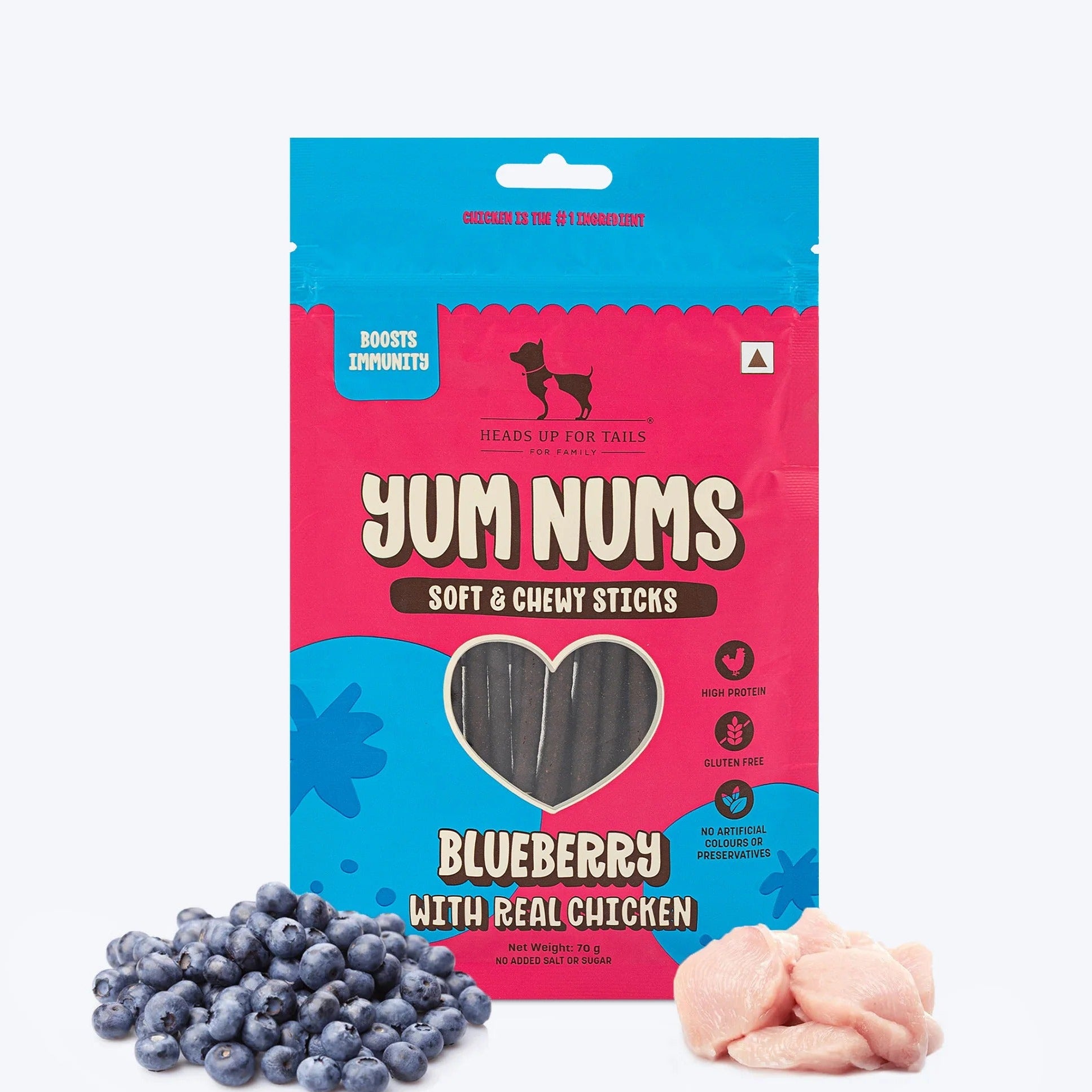 HUFT Yum Nums Dog Treats Soft & Chewy Sticks Blueberry With Real Chicken - 70 gm