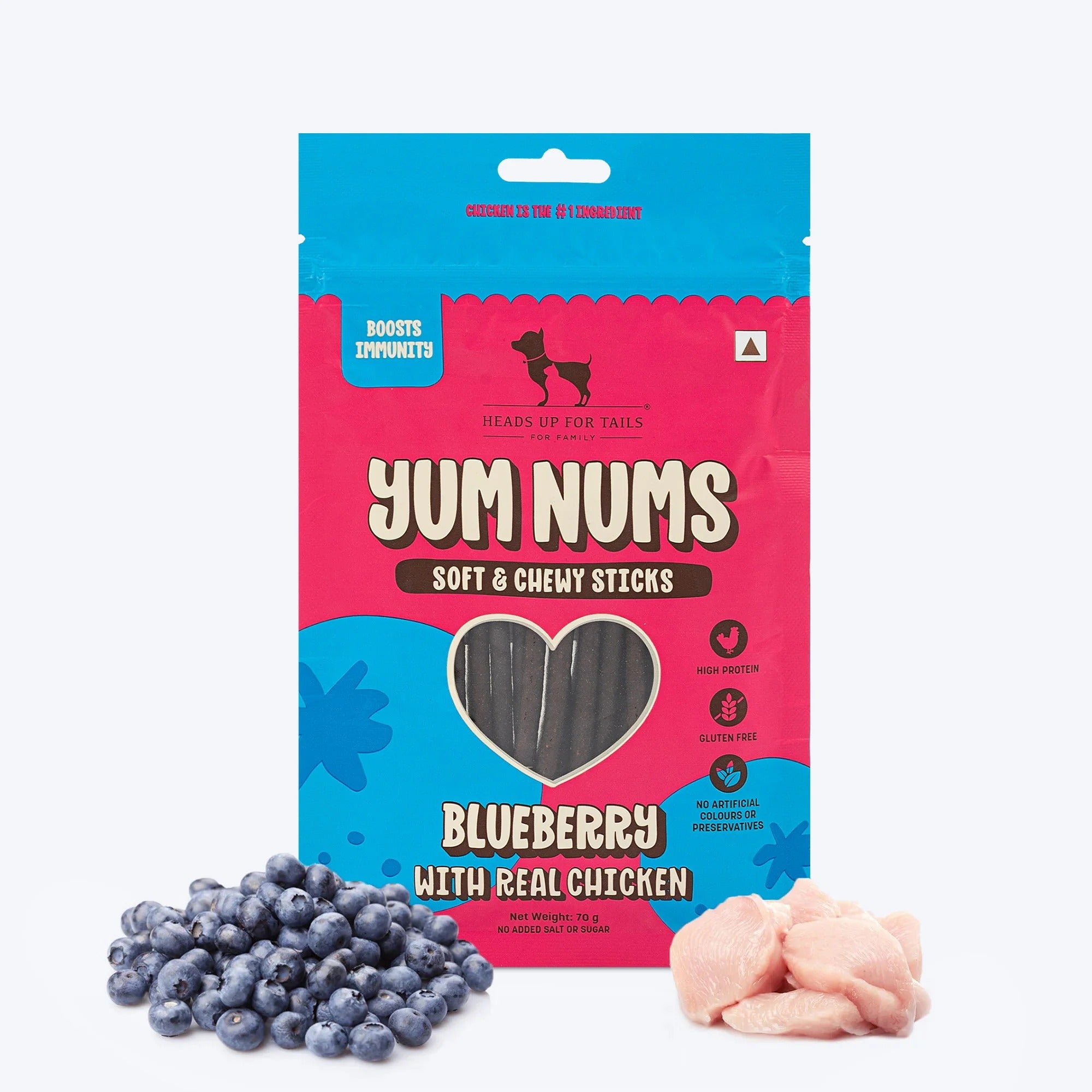 HUFT Yum Nums Dog Treats Soft & Chewy Sticks Blueberry With Real Chicken - 70 gm