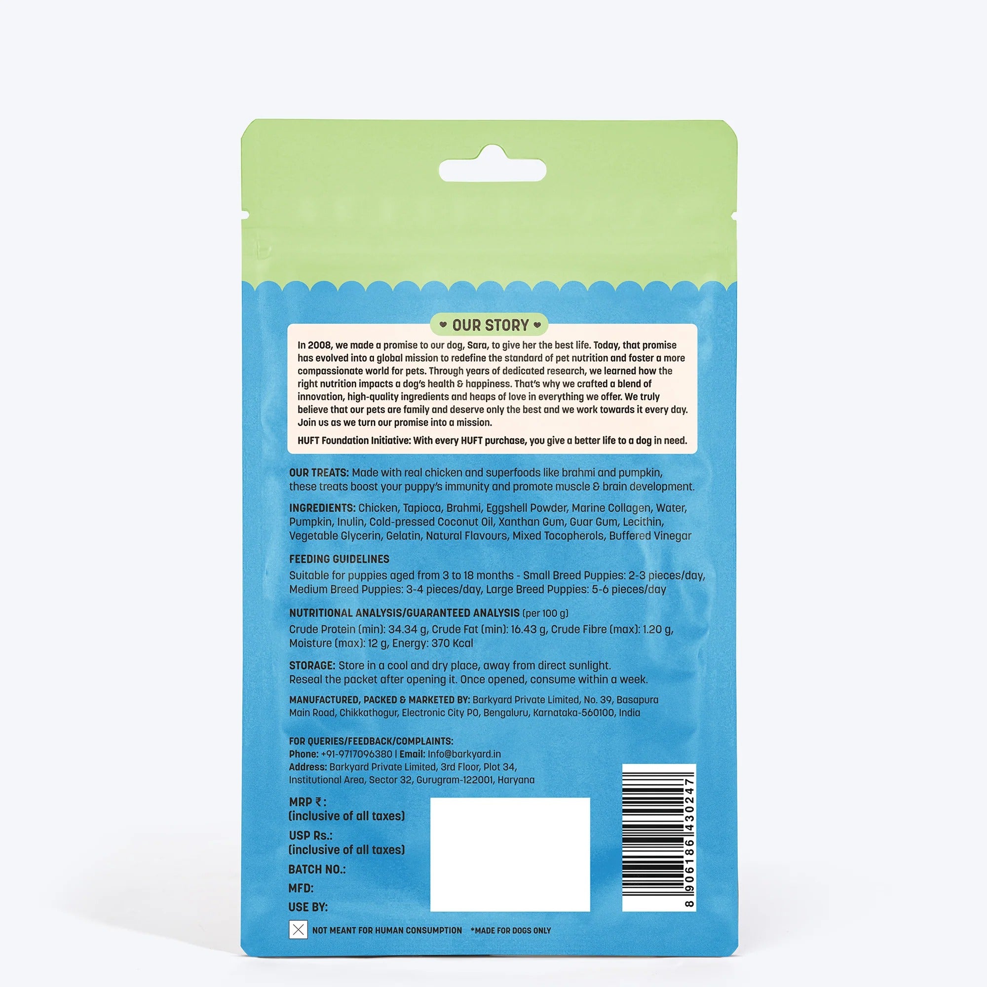 HUFT Yum Nums Puppy Treats Soft & Chewy Sticks Brahmi & Marine Collagen With Chicken- 70 gm